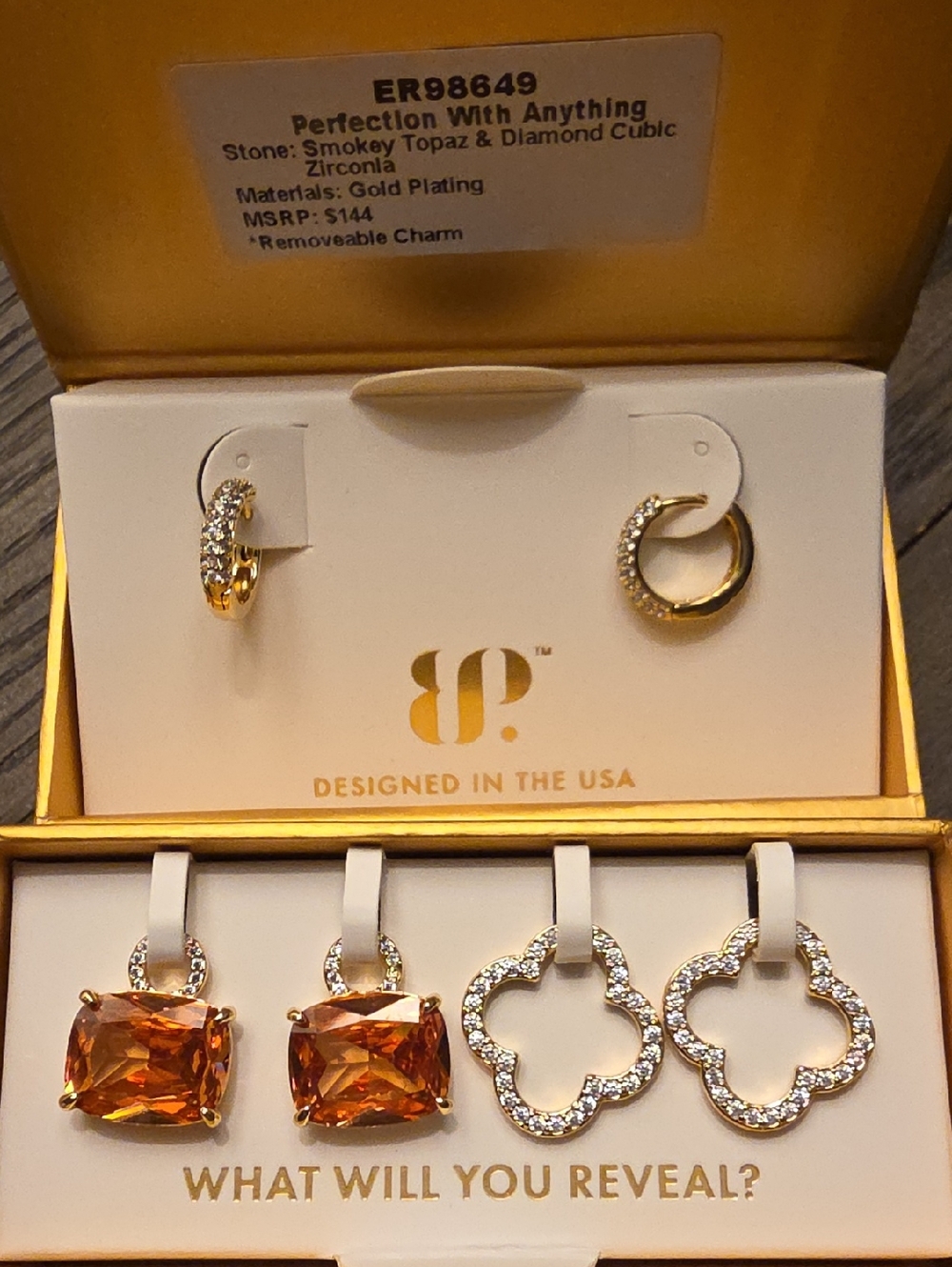 BP 🍀Charming Hoops Smoky Topaz & Clover Diamond Cubic Zirconia Earring Set